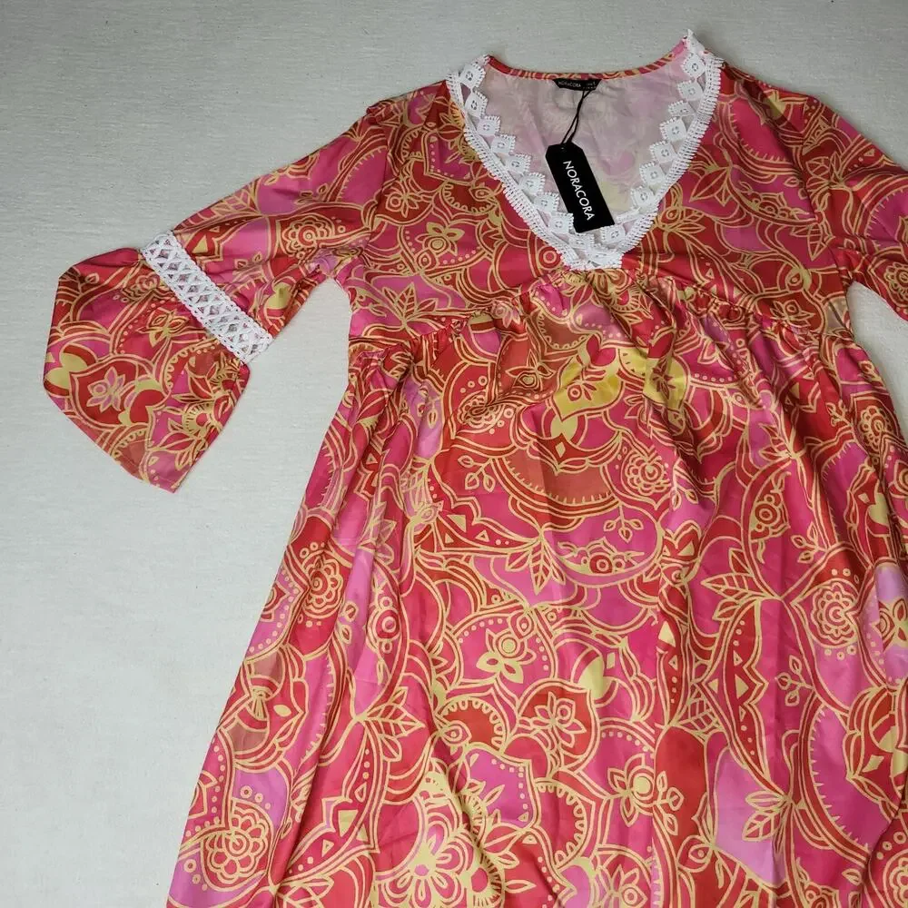 Noracora Dress Womans Small Lagenlook Flower Pink Lacey Cottagecore Boho Grandma